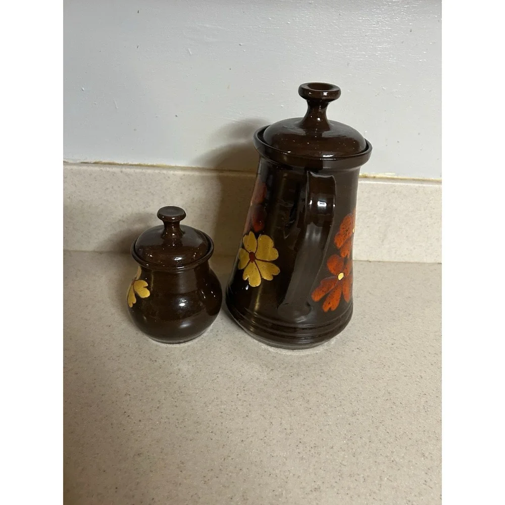 Vintage 70's Hand painted Tea/coffee Pot With Sugar Bowl Clay Glazed Flowers‎